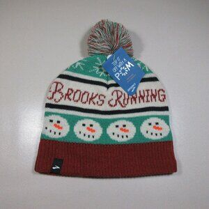 Brooks womens green red black Running Merry Snowman knit snow pom beanie OS NWT